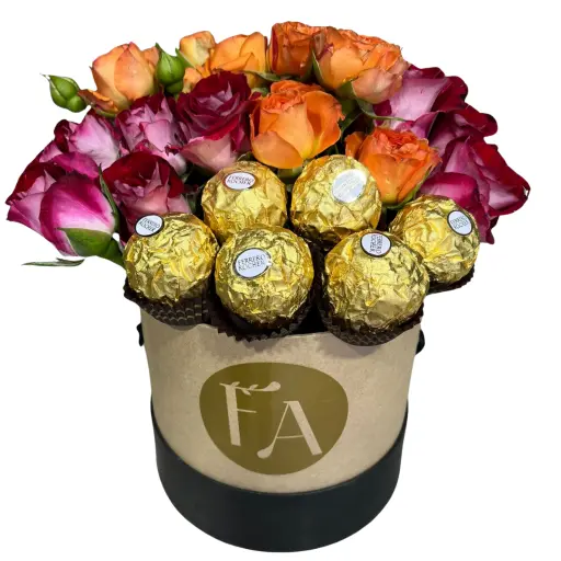 Caja pote con flores rosas spray y chocolate rocher lite